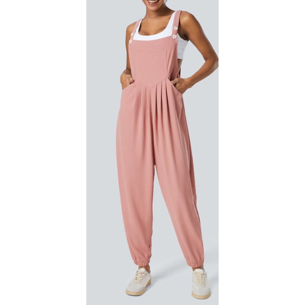 Halara Rose Tan Waffle Pockets‎ Wide Leg Casual Jumpsuit Overalls medium tall